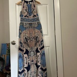 London Times Blue and Tan Halter Maxi Sundress